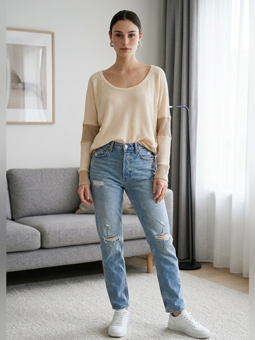 Free People Waffle Knit Scoop Neck Top - Cream